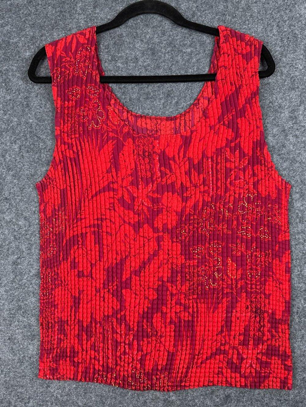 Impressions Red Pleated Crinkle Floral Tank Top XL Stretch Resortwear